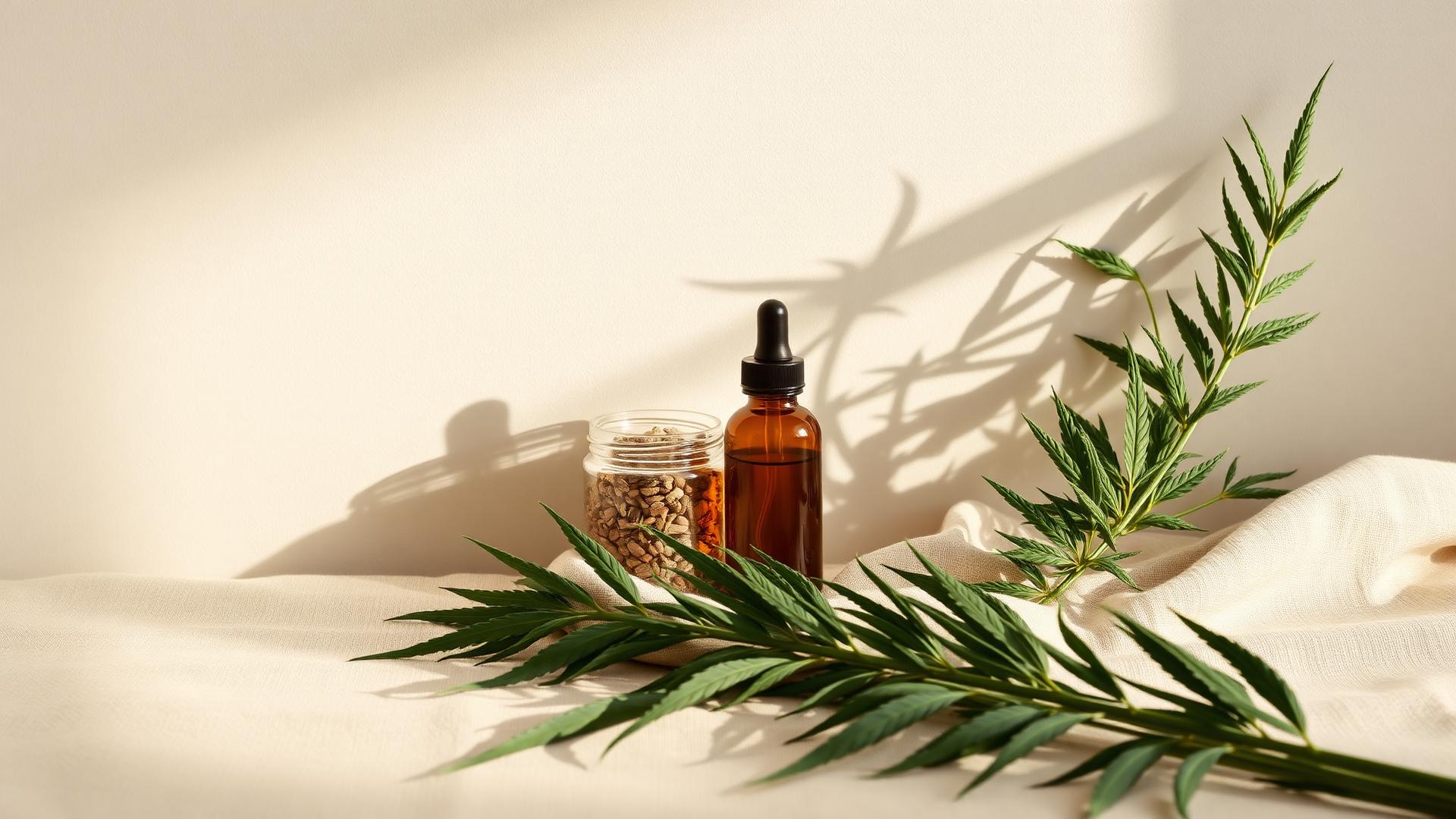 Fleurs et huile de CBD posées sur un lin naturel